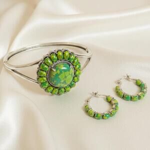 Modern Stainless Steel Composite Green Turquoise Bangle and Earring Set